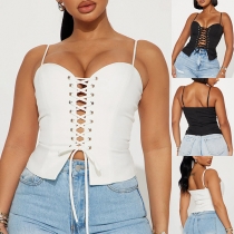 Sexy Lace-up V-Neck Solid Color Sling Tank Top
