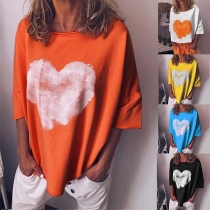 Casual Round Neck Short Sleeve Heart Printed T-Shirt