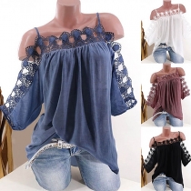 Sexy Off-shoulder Short Sleeve Lace Spliced Sling Top