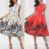 Fashion Sleeveless Round Neck High Waist Butterfly Printed Dress