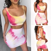 Sexy Backless Tie-Dyed Printed Crop Top + Skirt Two-Piece Set