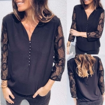 Fashion V-Neck Lace Spliced Long Sleeve Top