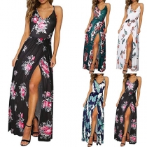 Sexy Backless V-neck Slit Hem Printed Sling Dress