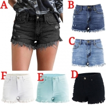 Fashion High Waist Tassel Hem Ripped Denim Shorts