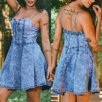 Sexy Backless HIgh Waist Lace-up Sling Denim Dress