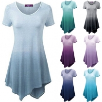 Fashion V-neck Short Sleeve Irregular Hem Color Gradient Dress
