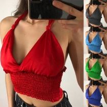 Sexy Backless V-neck Solid Color Halter Crop Top