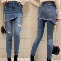 Fashion High Waist Ripped Mock Two-piece Jeans 