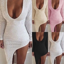 Sexy Deep V-neck Irregular Hem Solid Color Tight Dress