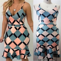 Sexy Backless V-Neck Ruffle Hem Printed Sling Dress