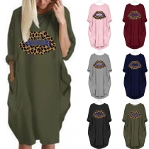 Casual Round Neck Long Sleeve Leopard Lip Loose Dress