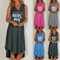 Sexy V-neck Sleeveless Letters Printed Irregular Dress