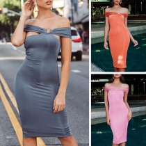 Sexy Off-shoulder Boat Neck Solid Color Tight Dress