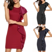 Elegant Solid Color Round Neck Slim Fit Ruffle Dress