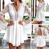 Sexy Backless V-neck Lace Spliced Trumpet Sleeve Dress