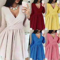 Sexy V-neck Long Sleeve Solid Color Dress