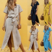 Fashion Short Sleeve POLO Collar Slit Hem Solid Color Dress