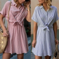 Fashion Short Sleeve POLO Collar Striped Knotted Dress
