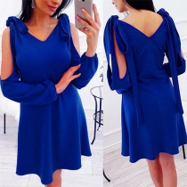 Sexy Off-shoulder Long Sleeve V-Neck Solid Color Dress