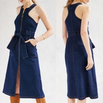 Sexy Sleeveless Slit Hem Front-zipper Denim Dress
