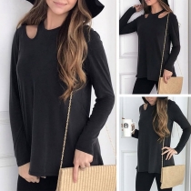 Fashion Hollow Out Long Sleeve Solid Color T-shirt 