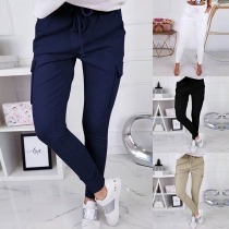 Casual Elastic Waist Side-pocket Solid Color Pants