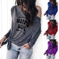 Sexy Oblique Shoulder Letters Printed T-shirt