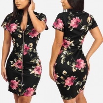 Sexy Short Sleeve Stand Collar Front-zipper Printed  Dress