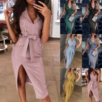 Fashion V-Neck Sleeveless Slit Hem Solid Color Dress