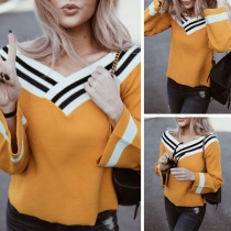 Sexy V-Neck Contrast Color Long Sleeve Top