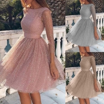 Sexy See-through Gauze Spliced Long Sleeve Round Neck Party Dress