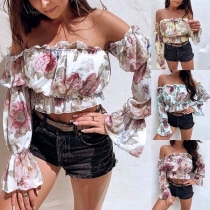 Sexy Off-shoulder Boat Neck Long Sleeve Printed Top