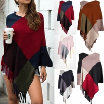 Fashion Contrast Color Trumpet Sleeve Irregular Hem Shawl-style Sweater