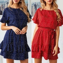 Fashion Round Neck Short Sleeve Printed Ruffle Dress