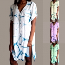 Sexy V-Neck Short Sleeve Slit Hem Printed Dress