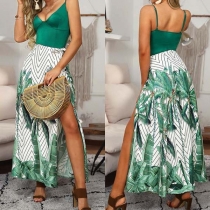 Sexy Backless V-neck Slit Hem Printed Sling Dress