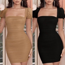 Sexy Square Collar Lantern Sleeve Slim Fit Dress