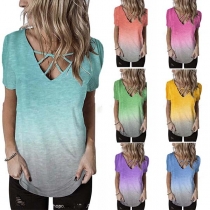 Fashion Short Sleeve V-neck Color Gradient T-shirt 