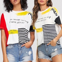 Fashion Contrast Color Short Sleeve Round Neck Printed T-shirt 