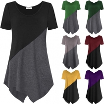 Fashion Contrast Color Short Sleeve Irregular Hem T-shirt 