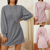 Fashion Solid Color Long Sleeve Hooded Dress(Without belt)