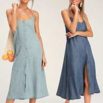 Sexy Backless V-neck Slit Hem Sling Denim Dress