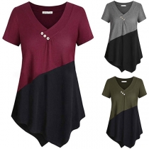 Fashion Contrast Color V-neck Irregular Hem T-shirt 