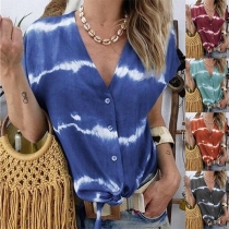 Fashion Short Sleeve V-neck Tie-dye Printed Shirt