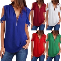 Fashion Hollow Out Short Sleeve Zipper V-neck Top