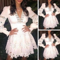 Sexy Lace Spliced V-neck Long Sleeve High Waist Party Dress