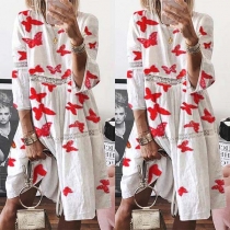 Fashion 3/4 Sleeve Round Neck Lace Spliced Printed Dress