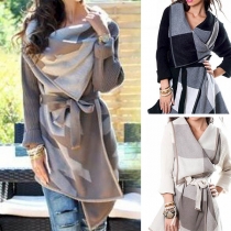 Fashion Knitted Spliced Long Sleeve Lapel Plaid Cardigan