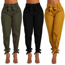 Fashion High Waist Solid Color Lace-up Pants