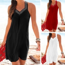 Fashion Rhinestone Inlaid V-neck Sleeveless Dress